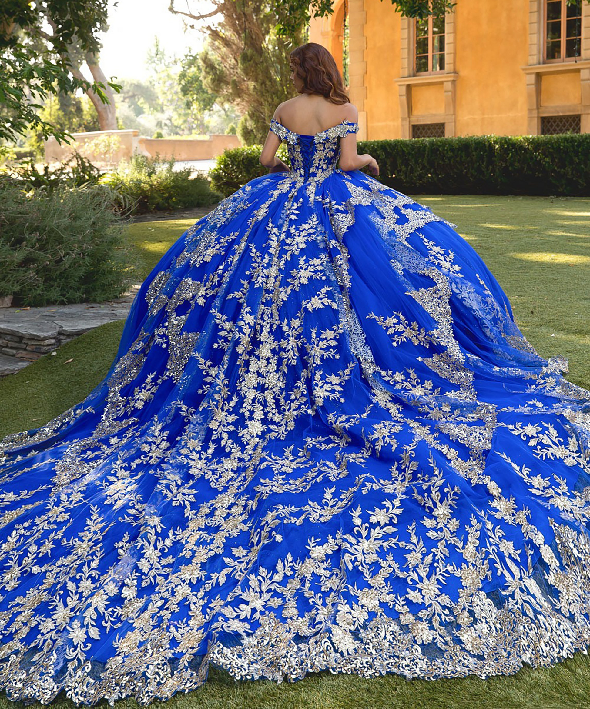 Person wearing a blue and silver ball gown in an outdoor setting with greenery and a building.