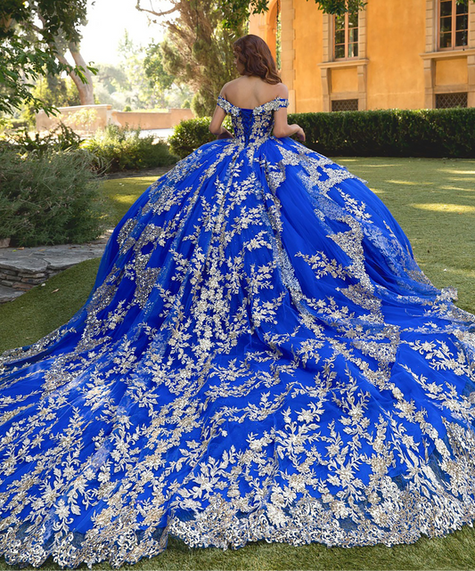 Person wearing a blue and silver ball gown in an outdoor setting with greenery and a building.