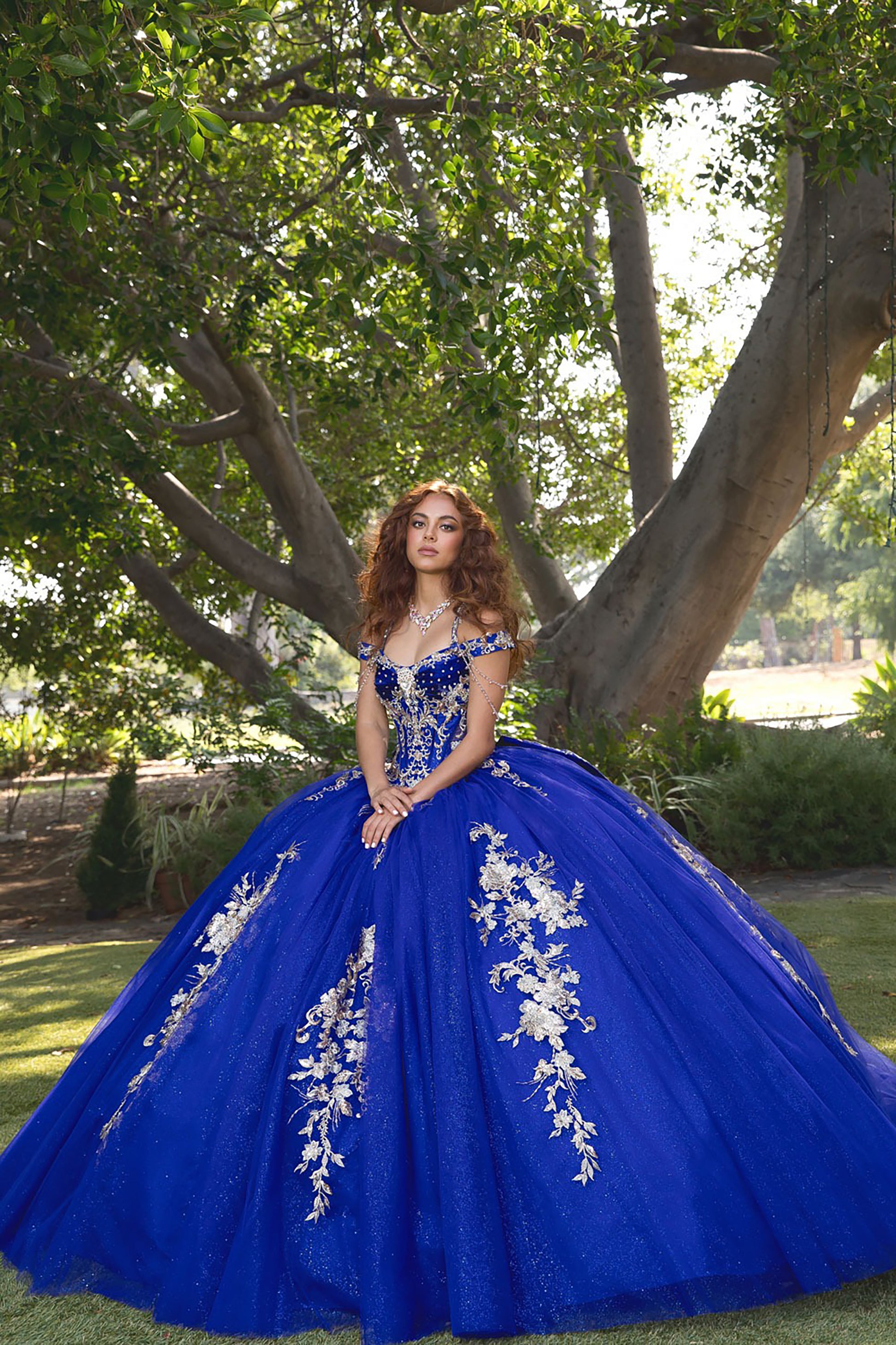 Woman in a blue ball gown with floral embroidery standing outdoors among trees.