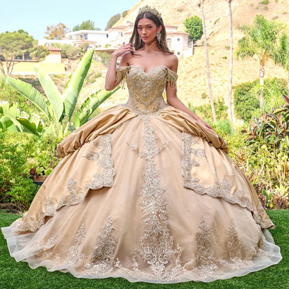 Woman in a beige ball gown with intricate detailing standing outdoors in a garden and wearing tiara