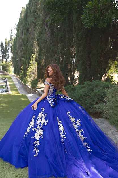 Woman in a blue evening gown with floral details standing outdoors.