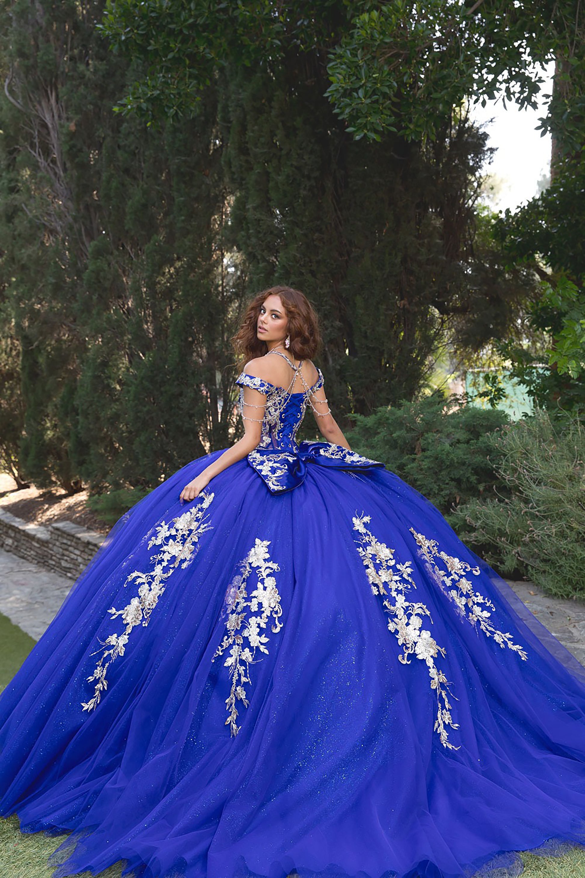 Woman in a blue ball gown with floral details standing outdoors.
