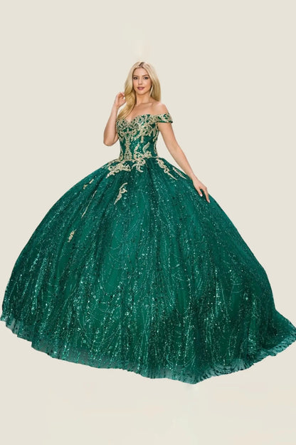 Green sequin gown with floral embellishments on a beige background