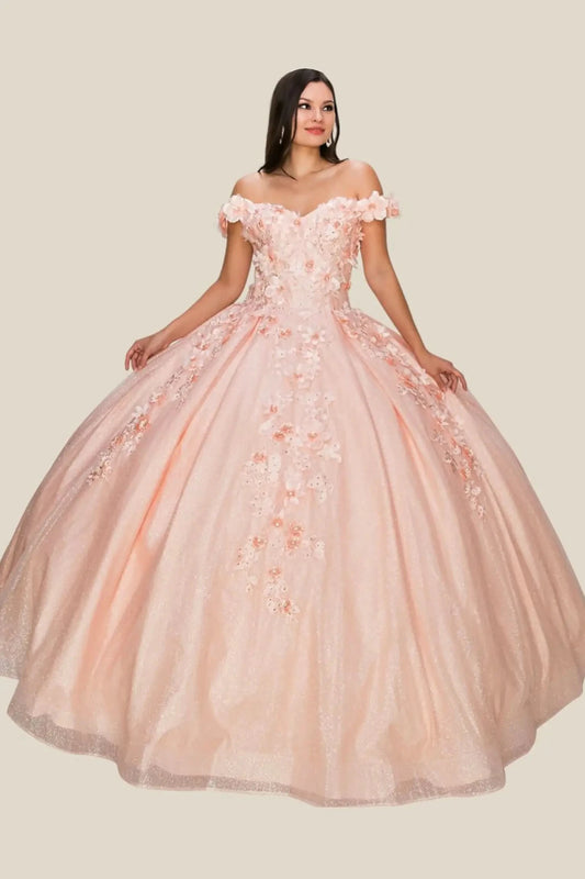 Woman wearing a pink floral off-shoulder gown on a beige background