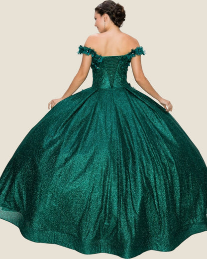 Green off-shoulder gown on a plain background