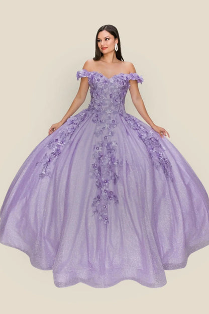 Woman wearing a lilac off-shoulder gown with floral embroidery on a beige background