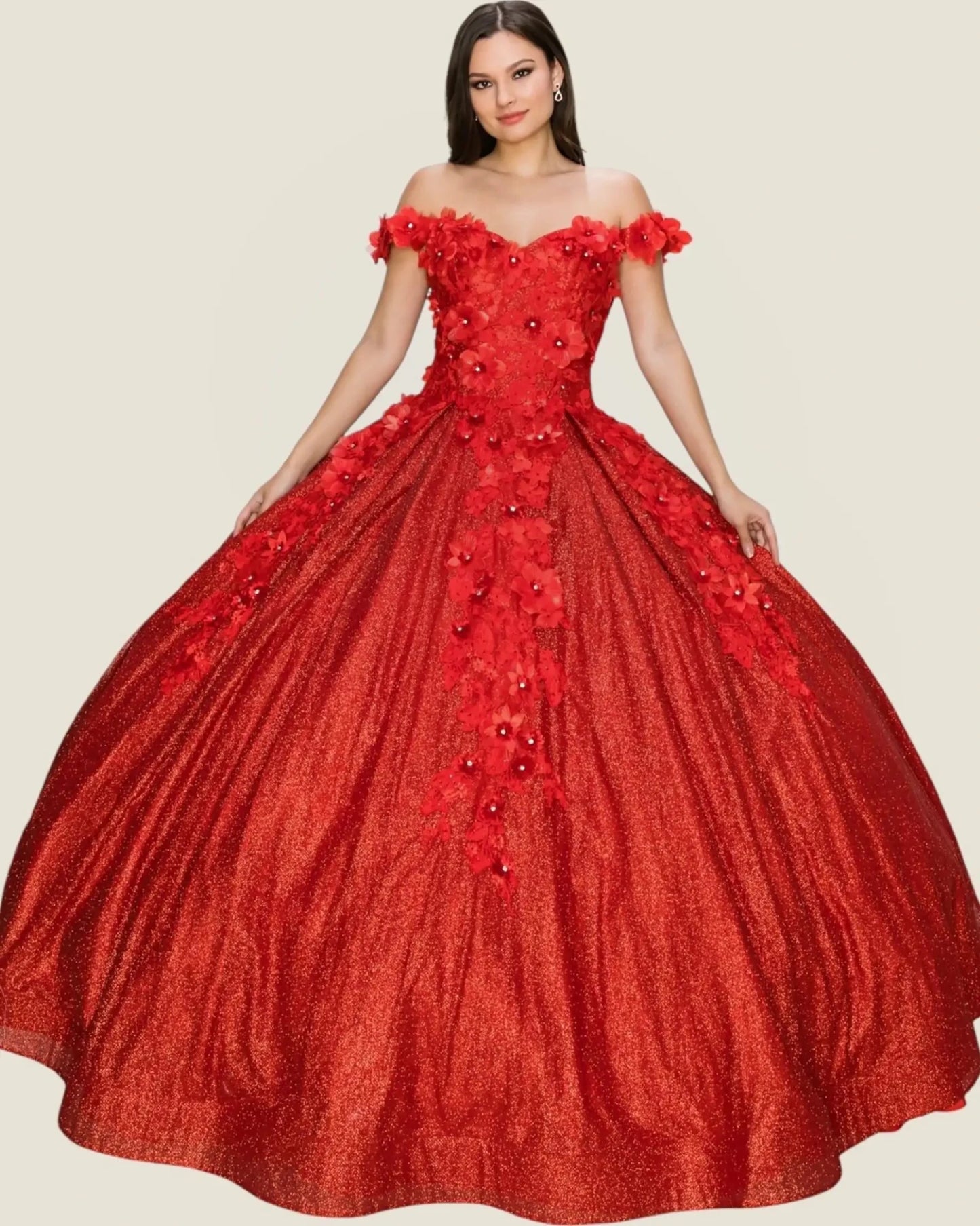 Red off-shoulder gown with floral details on a beige background