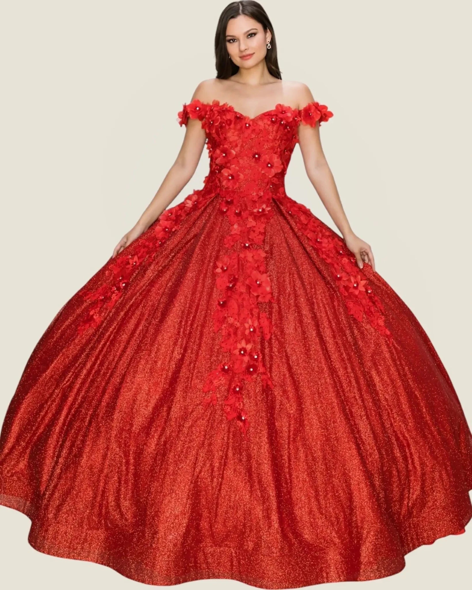Red off-shoulder gown with floral details on a beige background