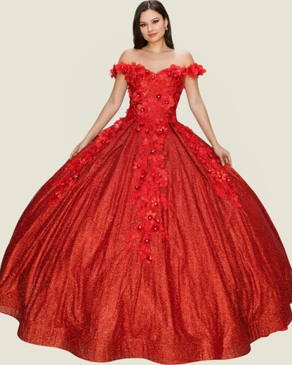 Red off-shoulder gown with floral details on a beige background