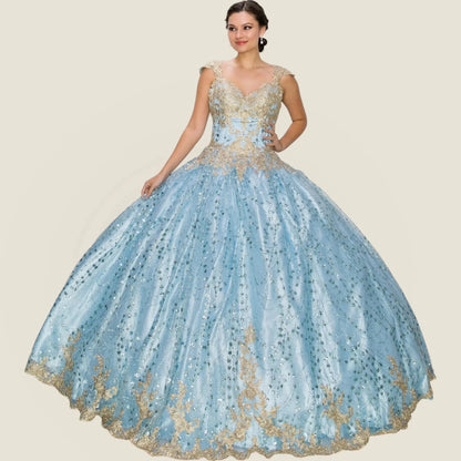 Woman wearing a blue and gold evening gown on a beige background