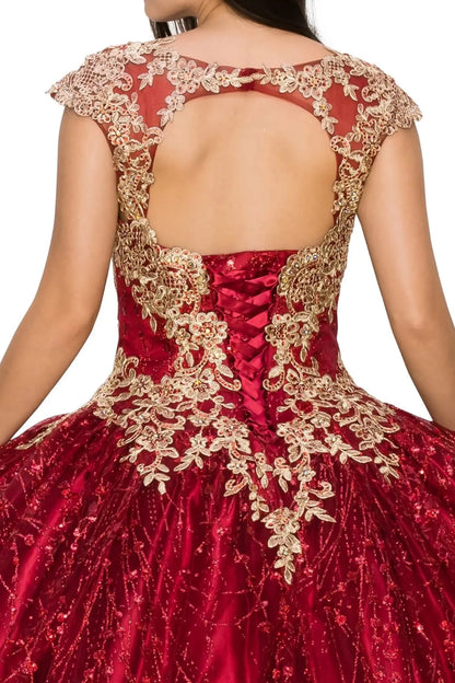 Red ball gown with gold lace details on a plain background