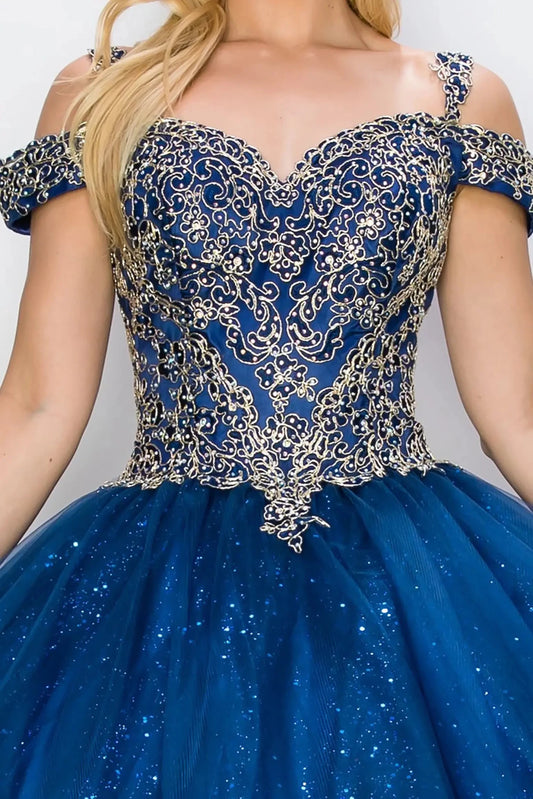 Navy and gold off-shoulder ball gown dress with intricate patterns