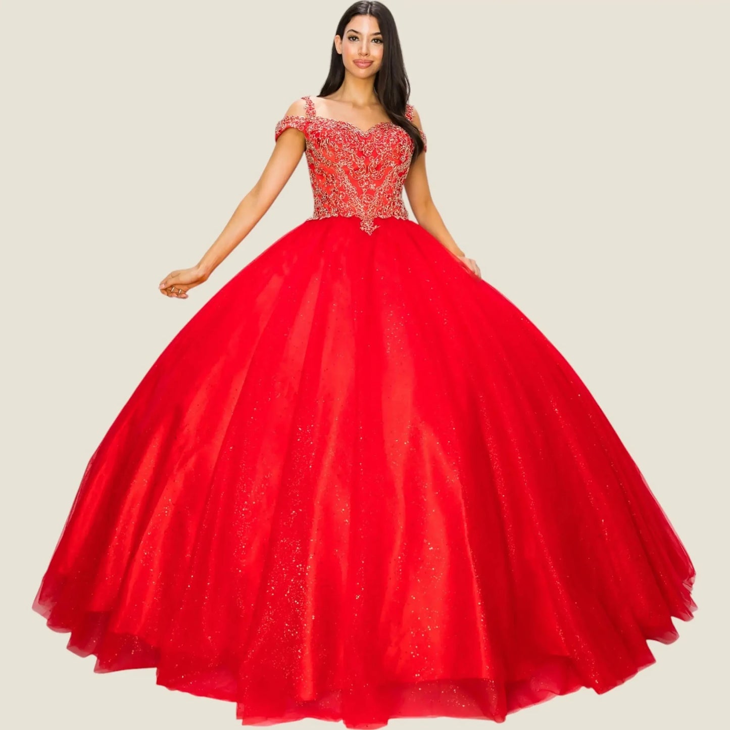 Red ball gown with intricate top design on a beige background