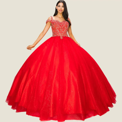 Red ball gown with intricate top design on a beige background