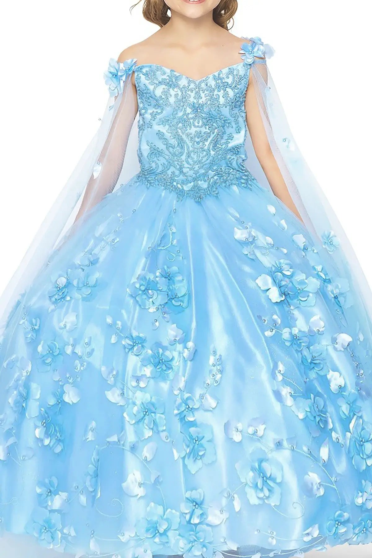 Blue dress with floral details and a cape on a white background