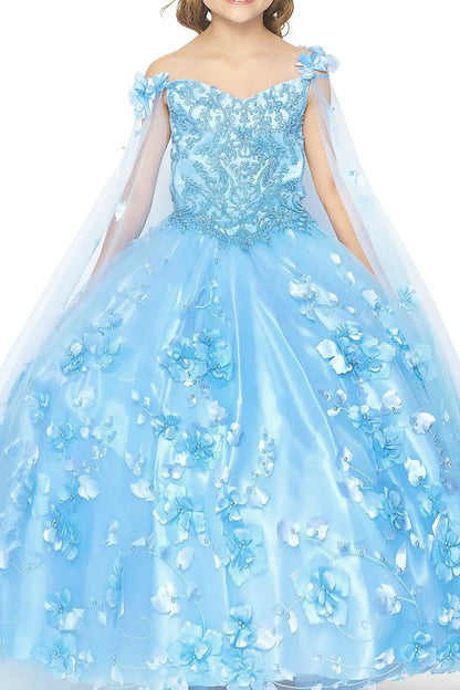 Blue dress with floral details and a cape on a white background