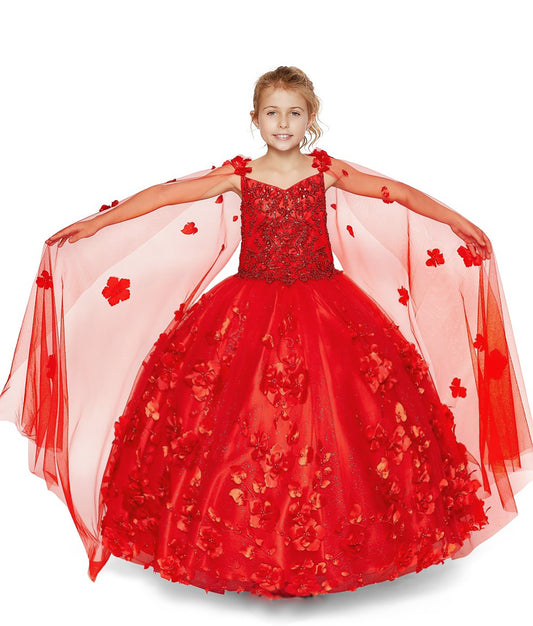 Young girl wearing a red floral dress with a sheer overlay on a white background
