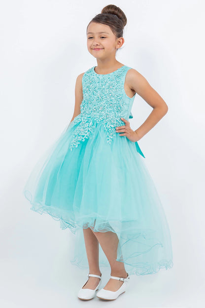 Young girl standing front-facing in aqua blue sleeveless high-low tulle flower girl dress with lace bodice, pearl trim, rhinestone embellishments, and layered skirt