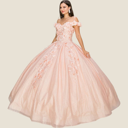Pink ball gown with floral details on a beige background