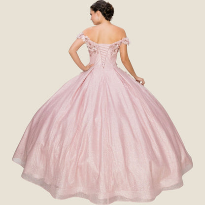 rose gold off-shoulder gown on a beige background