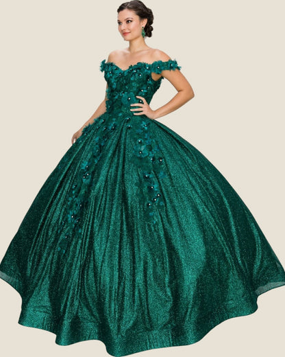 Green quince ball gown with intricate detailing on a beige background