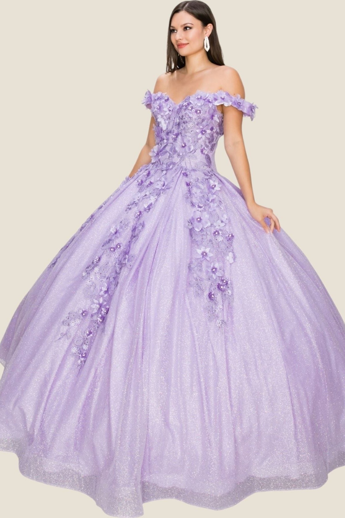 Lilac off-shoulder gown with floral embellishments on a beige background