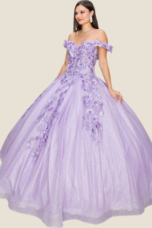 Lilac off-shoulder gown with floral embellishments on a beige background