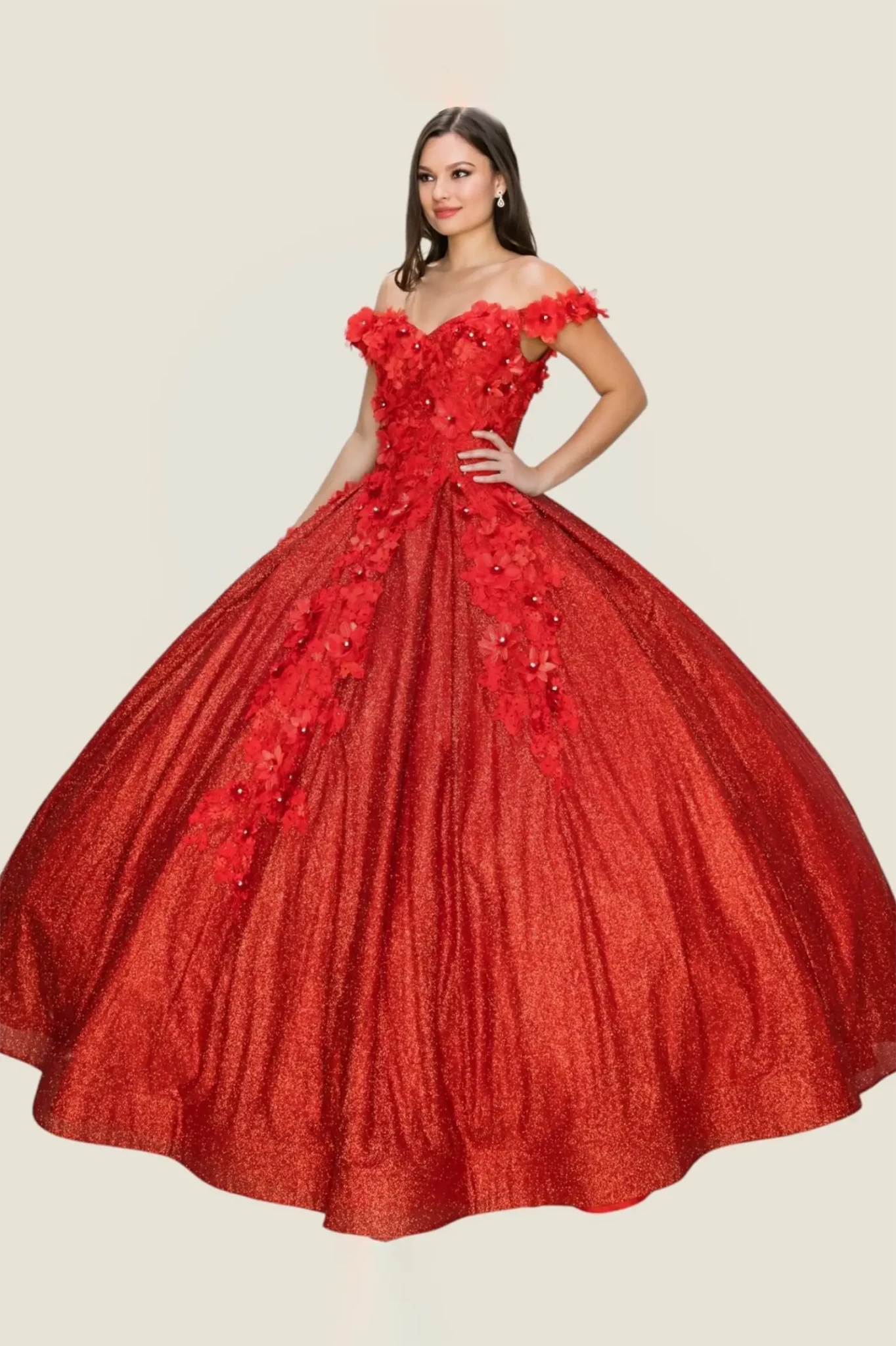Red ball gown with floral details on a beige background