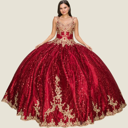 burgundy ball gown with gold embroidery on a beige background