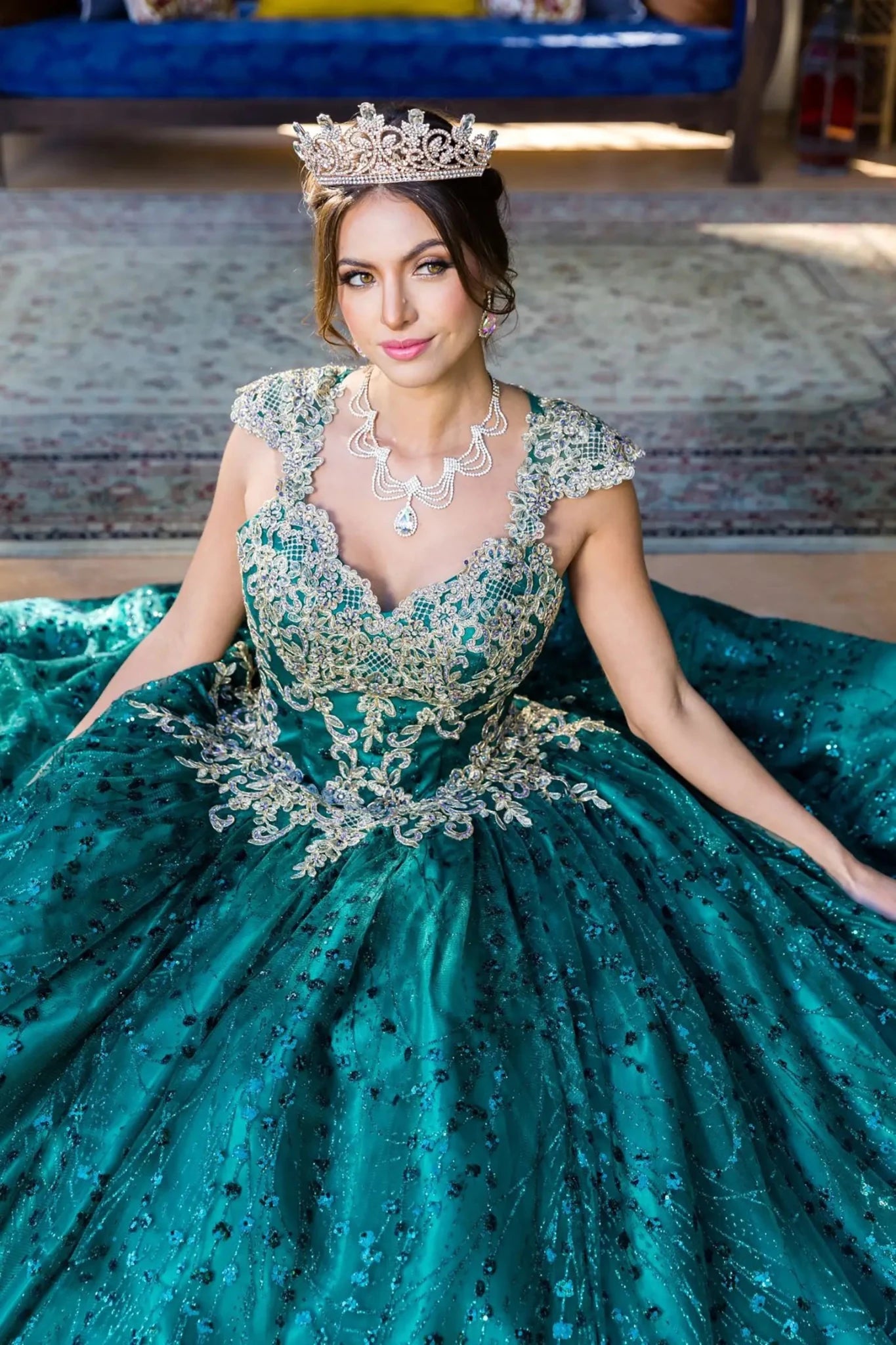Hunter Green Quinceañera Dress with Gold Embroidery and Glitter Tulle 2XL / Green