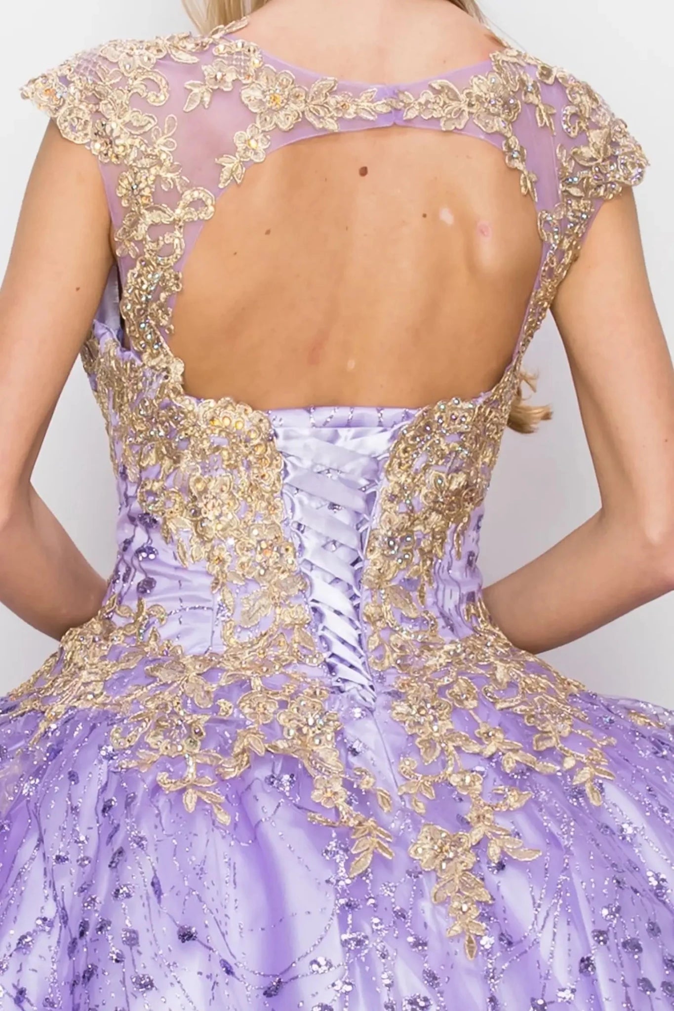 Lilac Quinceañera Dress with Illusion Glitter Tulle and Gold Lace S / Lilac