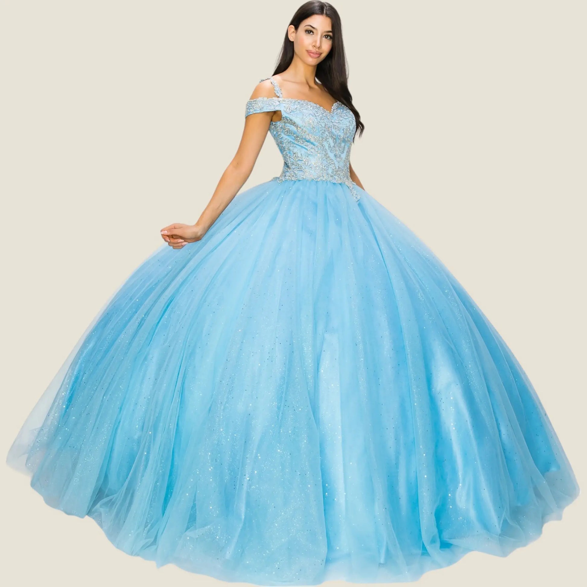 blue  quince ball gown with lace top on a plain background
