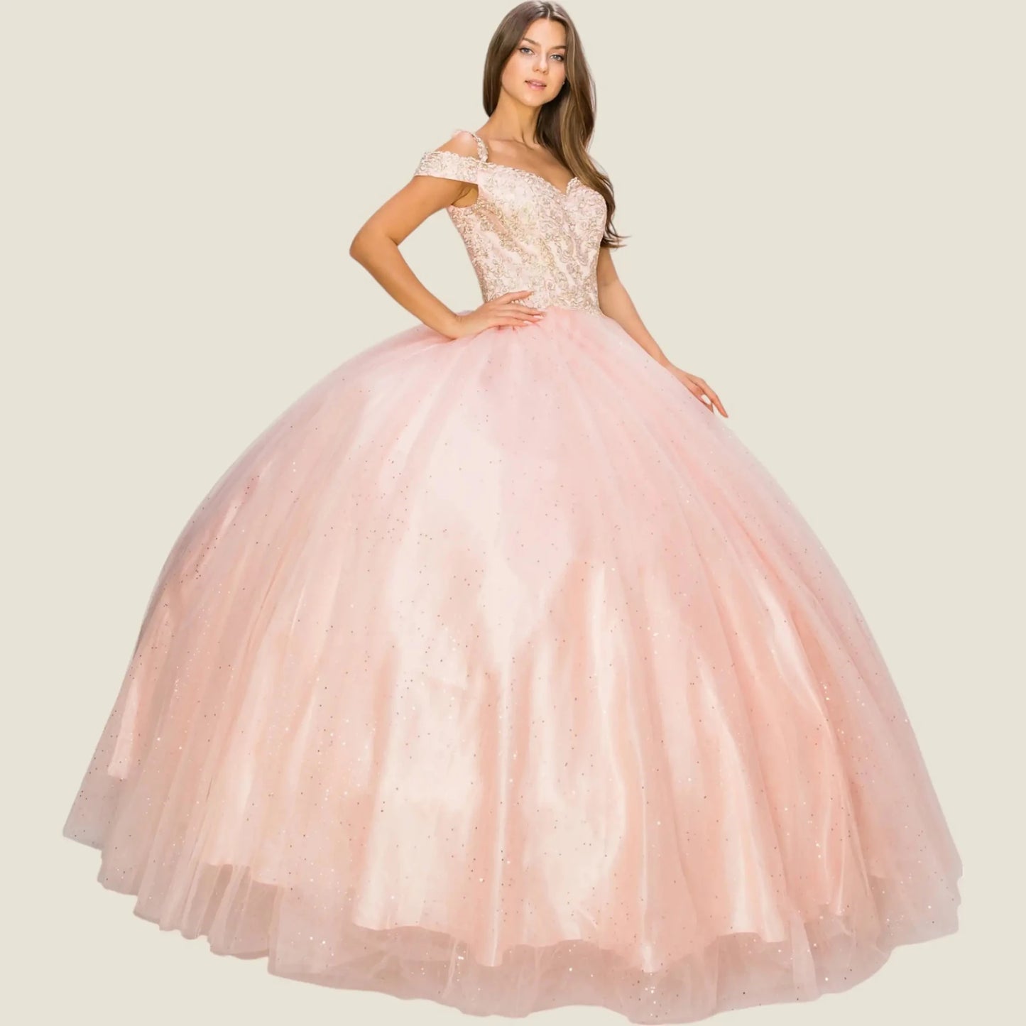 Pink ball gown with lace top on a plain background