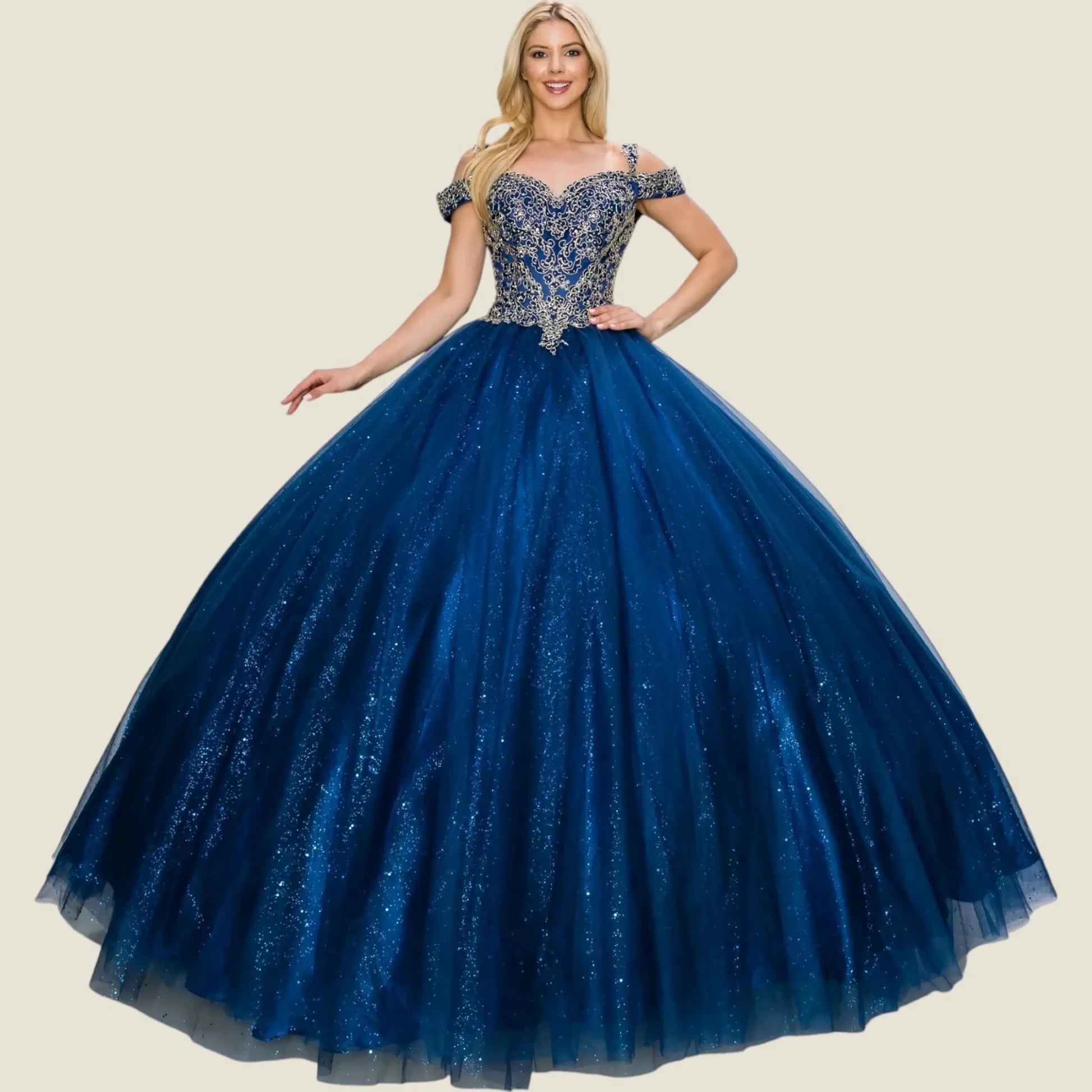 navy ball gown with intricate top on a beige background