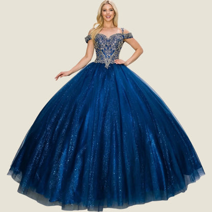 navy ball gown with intricate top on a beige background