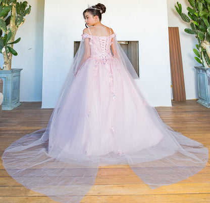 Girl in a pink gown with a long train standing indoors.
