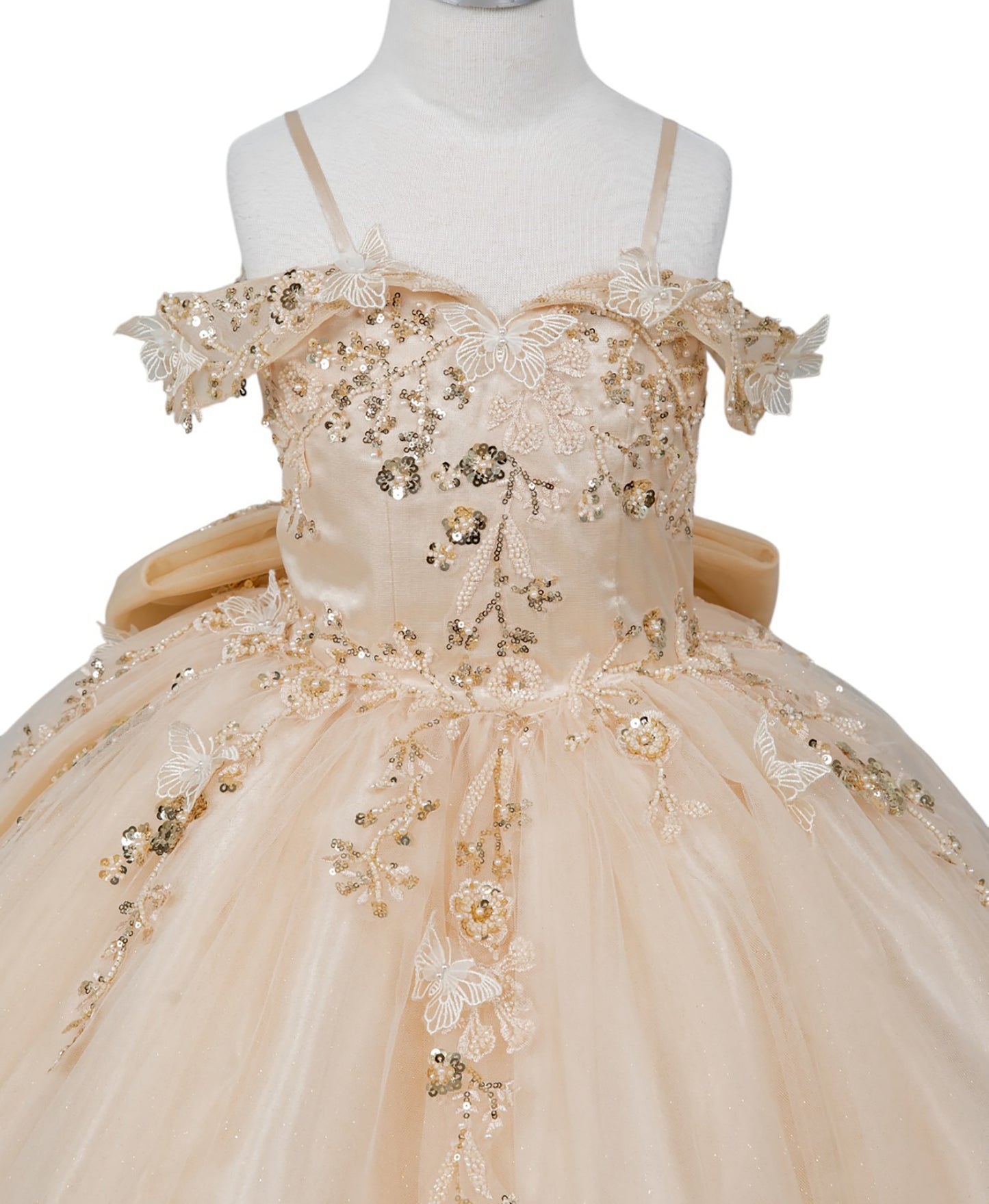 Beige evening gown with floral embroidery on a mannequin against a white background