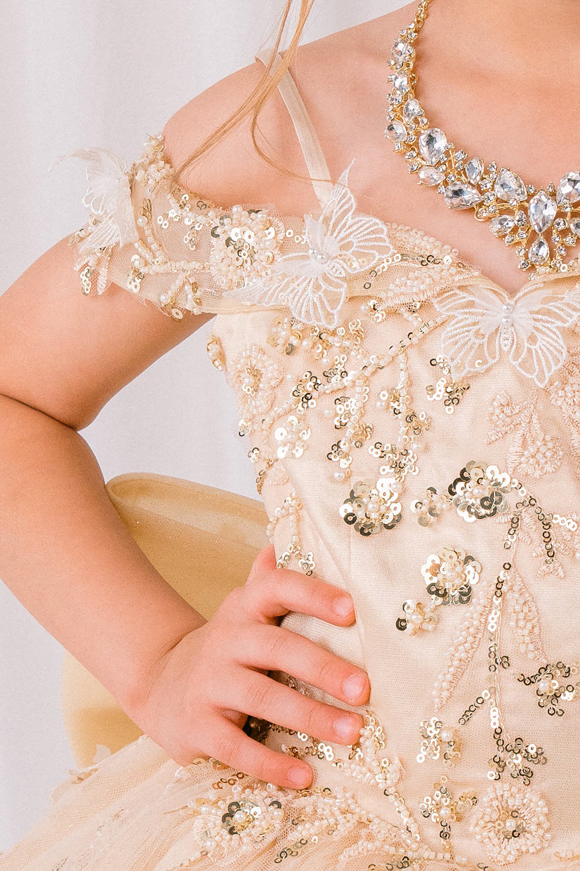 Close-up of a person wearing a beige dress with floral and butterfly embellishments.