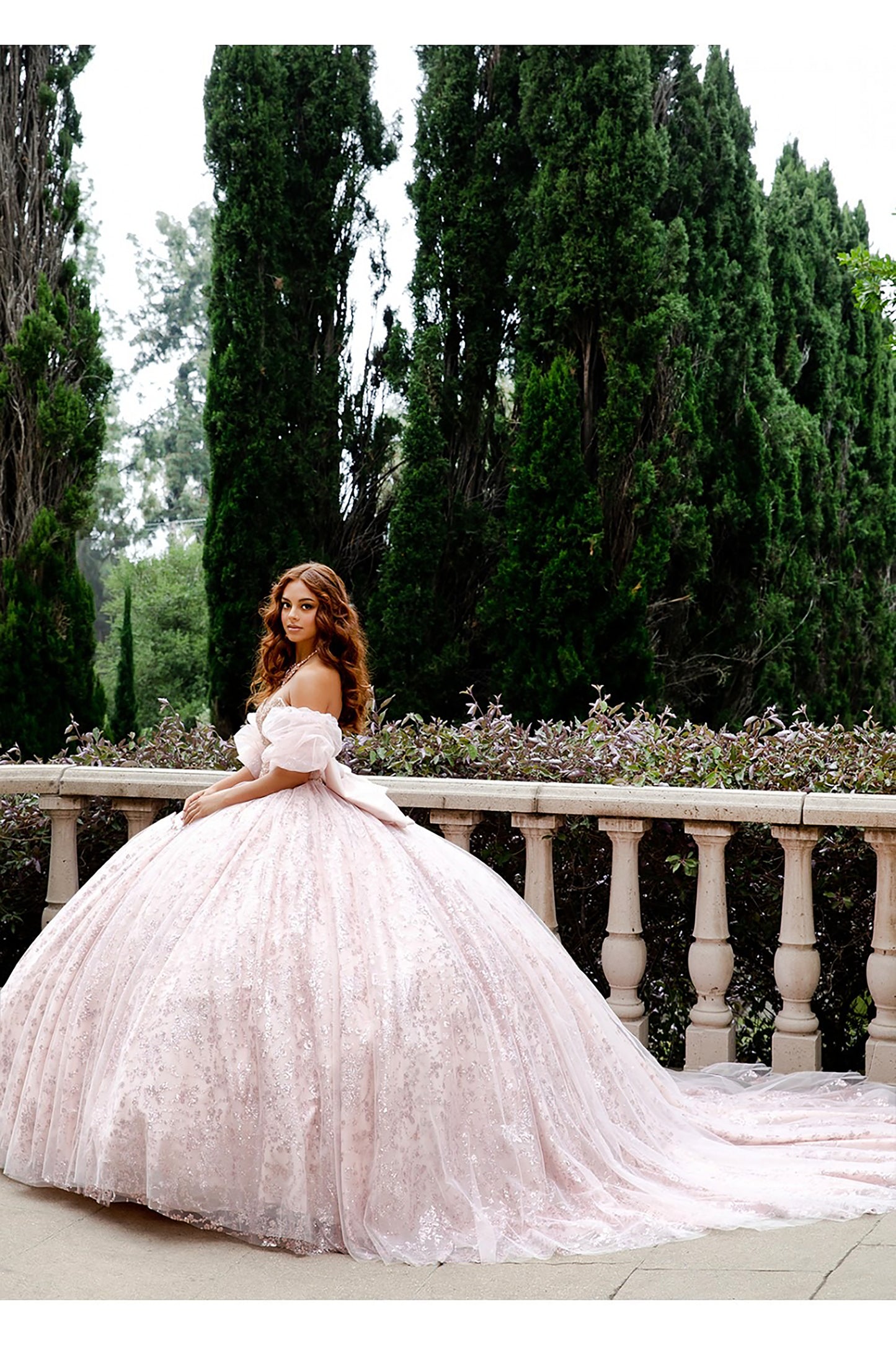 Quinceanera | Blush Glitter Tulle Gown with Detachable Puff Ruffle Sleeve (Arm) and Cathedral Train | Anais dress