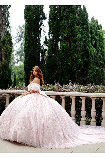 Quinceanera | Blush Glitter Tulle Gown with Detachable Puff Ruffle Sleeve (Arm) and Cathedral Train | Anais dress