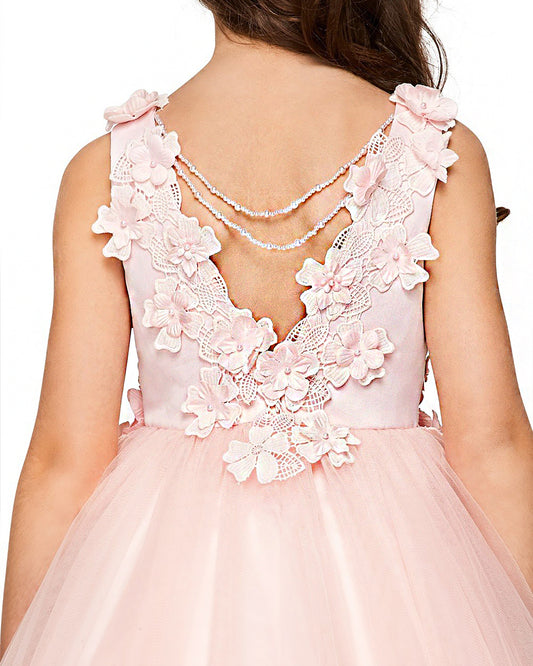 Pink floral dress with a detailed back design on a white background