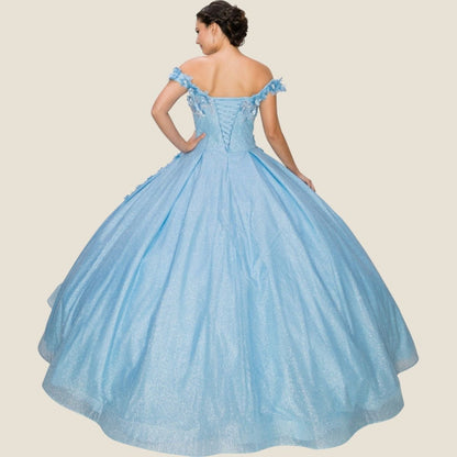 Light blue evening gown on a beige background