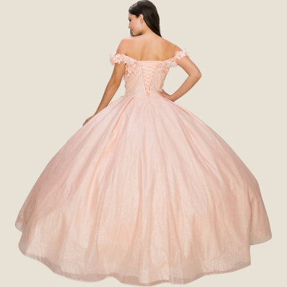 Woman wearing a pink off-shoulder gown on a beige background