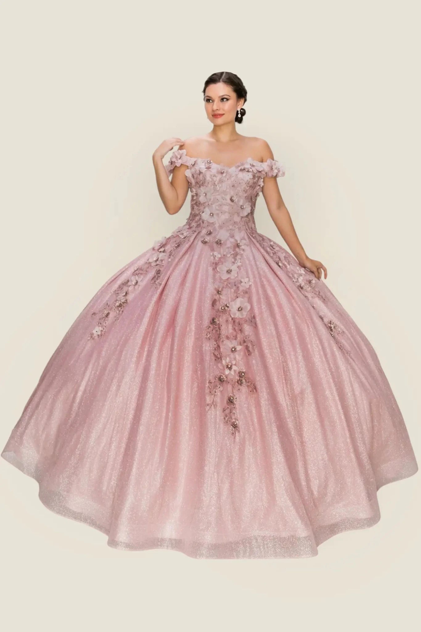 Dusty rose floral off-shoulder gown on a plain background
