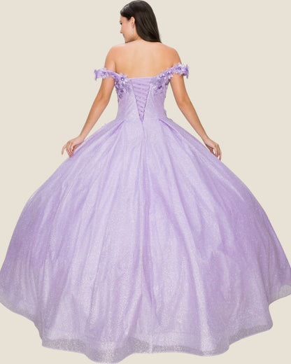 Lavender off-shoulder gown on a plain background