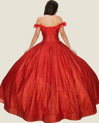 Red off-shoulder gown with floral details on a beige background