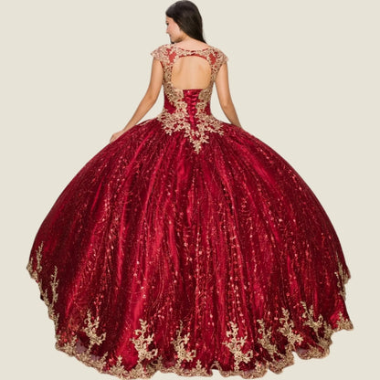 Burgundy quince ball gown with gold embroidery on a beige background