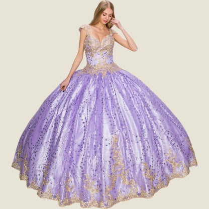 Purple and gold evening gown on a model against a beige background