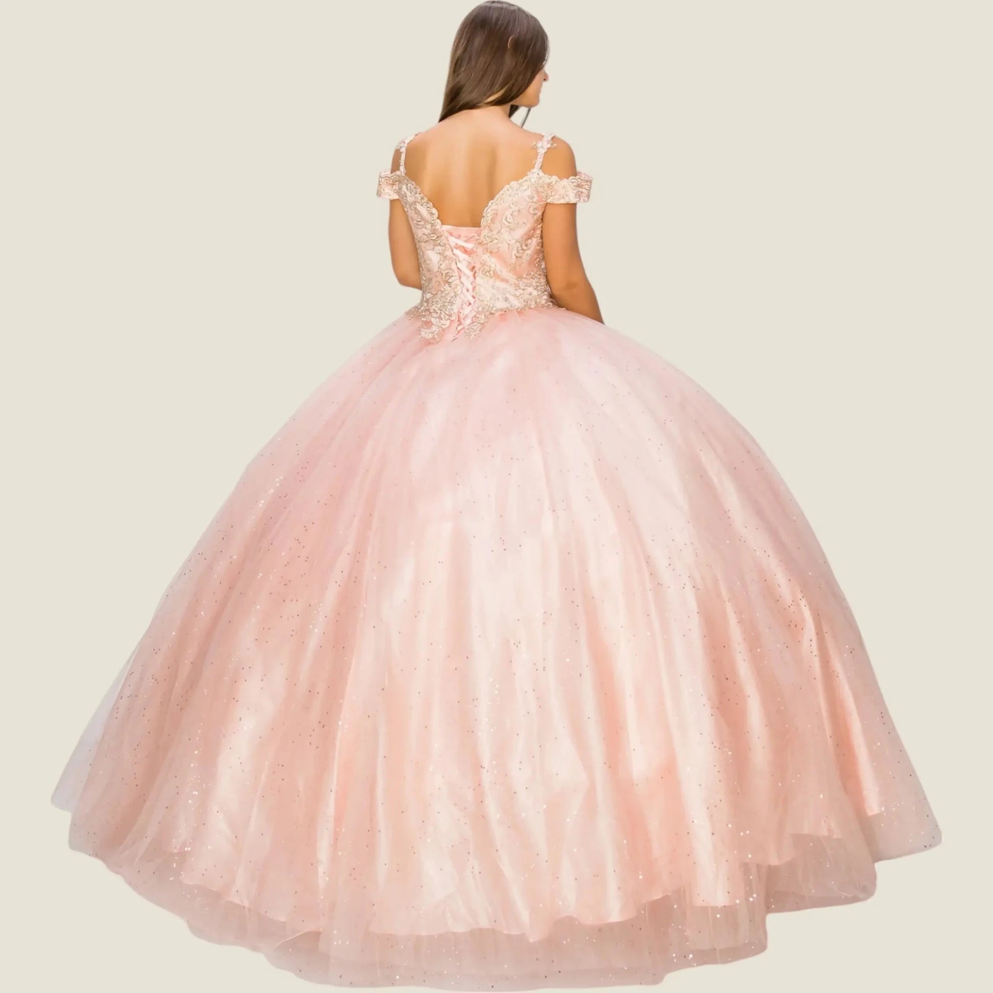 Pink ball gown with lace top on a plain background