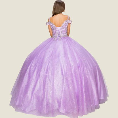 lilac ball gown with sequin details on a beige background